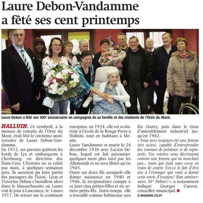 Debon 170305 centenaire Laure Debon NE revue de presse