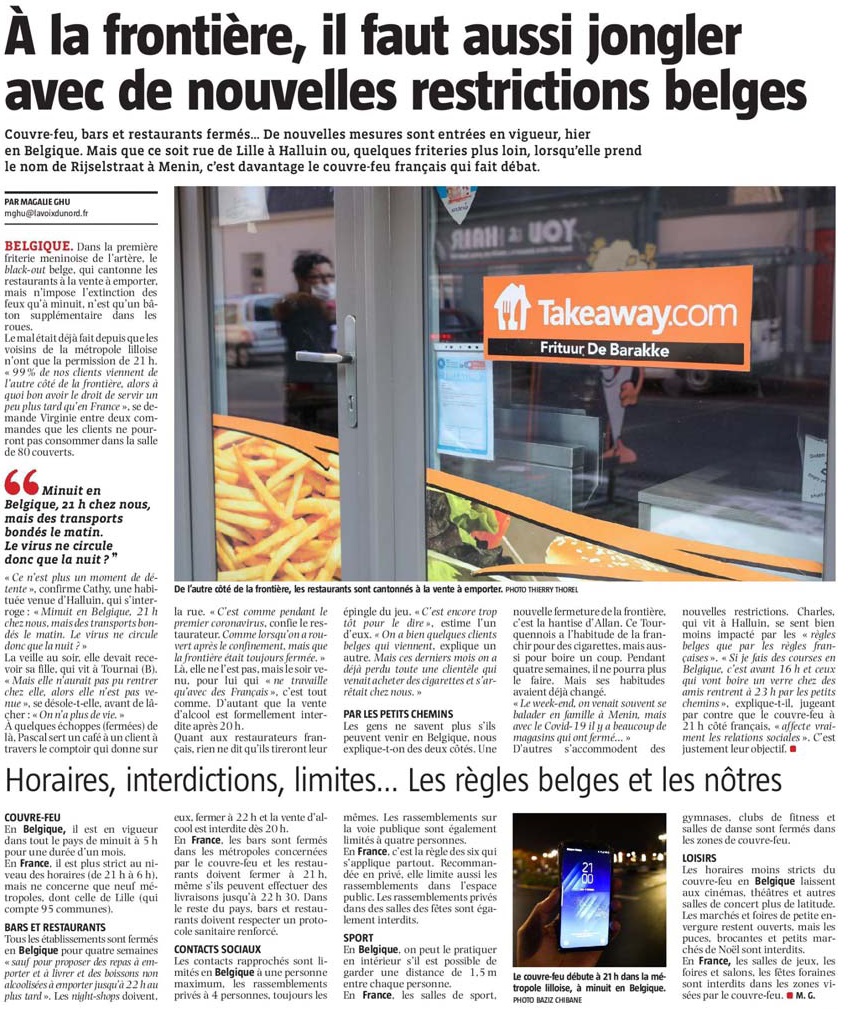 20201020 Frontire Belge restrictiosns VdN revue de presse