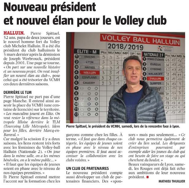 20190320 Pierre Spittael Nouvau prsident du Volley Michelet VdN Bonjour revue de presse
